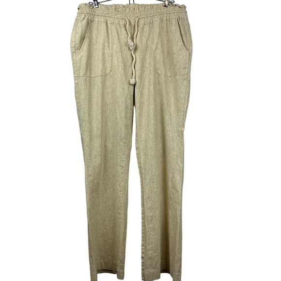 Women's Roxy Linen Blend Large Pants Tan Beige Khaki Oatmeal Tie at waist L - Picture 2 of 12